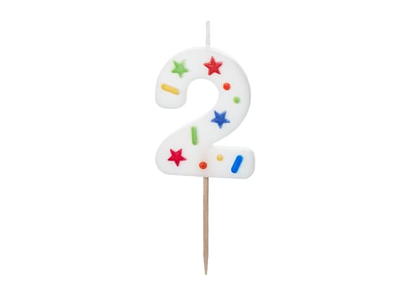 Fødselsdagslys Nummer "2", hvid konfetti, 5,5 cm