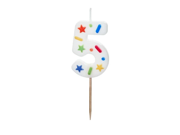 Syntymäpäiväkynttilä numero ""5"", valkoinen konfetti, 5.5cm