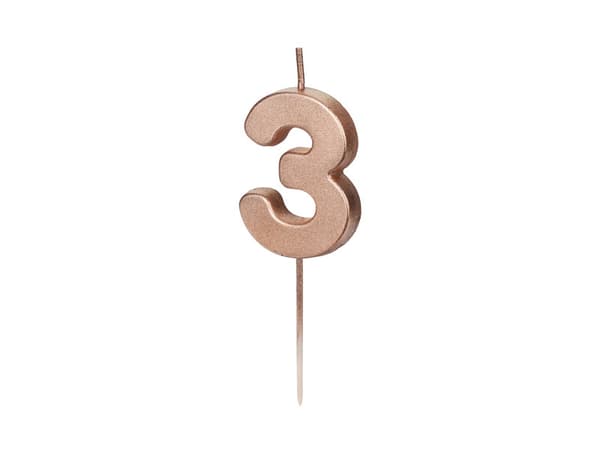 Syntymäpäiväkynttilä Numero 3, ruusukulta, 4,5 cm
