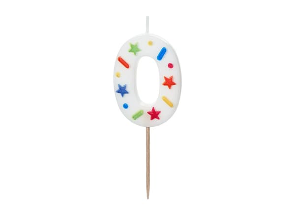 Syntymäpäiväkynttilä Numero ""0"", valkoinen konfetti, 5.5cm
