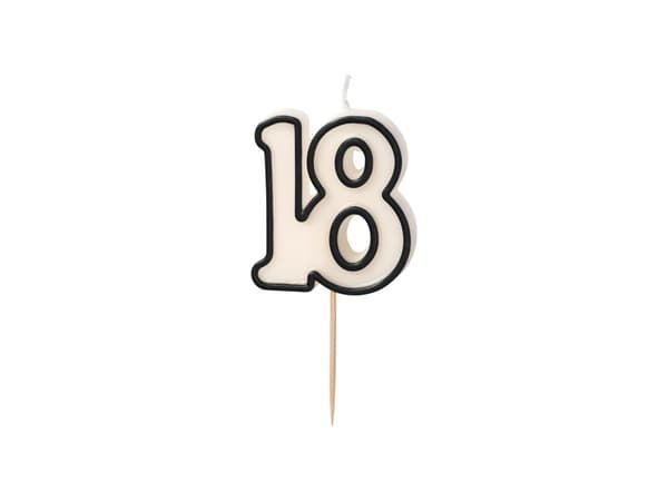 Fødselsdagslys nummer 18, 5,5 cm, hvid og sort