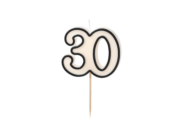 Födelsedagsljus nummer 30, 5,5 cm, vitt och svart