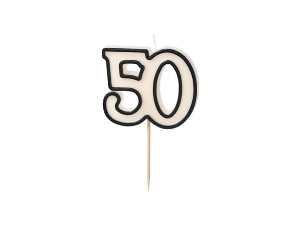 Syntymäpäiväkynttilä numero 50, 5,5 cm, valkoinen ja musta