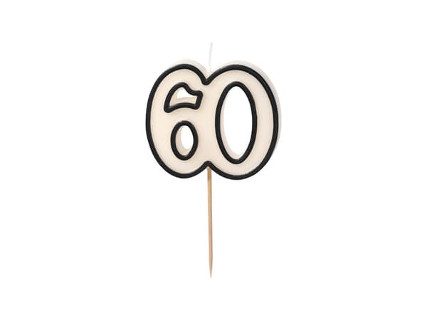 Syntymäpäiväkynttilä numero 60, 5,5 cm, valkoinen ja musta