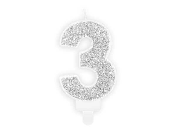 Fødselsdagslys Nummer 3, sølv, 7 cm (1 æske / 24 stk.)