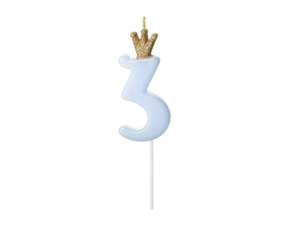 Syntymäpäiväkynttilä Numero 3, vaaleansininen, 9,5 cm
