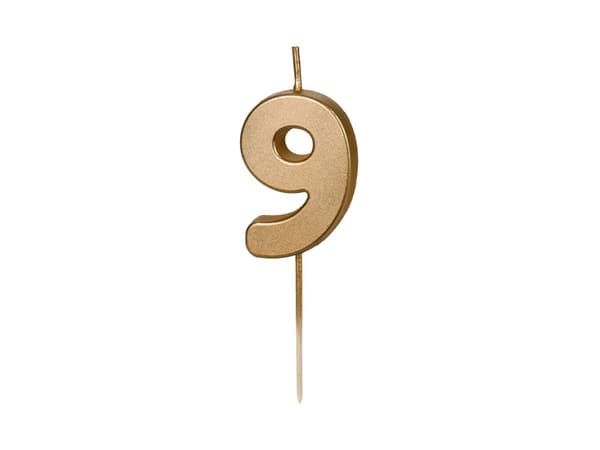 Syntymäpäiväkynttilä Numero 9, 4,5 cm, kulta (1 pkt / 24 kpl)