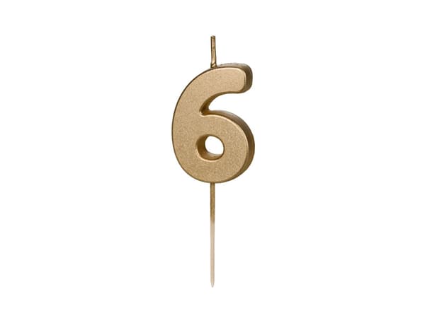 Syntymäpäiväkynttilä Numero 6, 4,5 cm, kulta (1 pkt / 24 kpl)