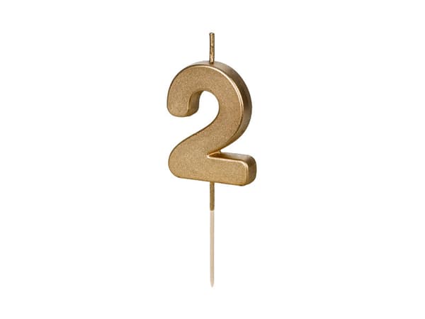 Syntymäpäiväkynttilä Numero 2, 4,5 cm, kulta (1 pkt / 24 kpl)