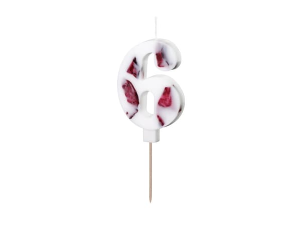 Födelsedagsljus Nummer "6", vitt med blomblad, 8 cm (1 kartong / 24 st.)