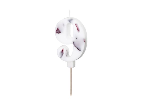Födelsedagsljus Nummer "9", vitt med blomblad, 8 cm (1 kartong / 24 st.)