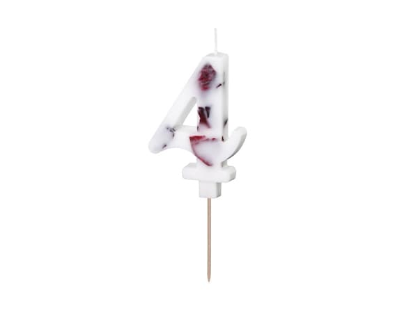 Fødselsdagslys Nummer "4", hvid med blomsterblade, 8 cm