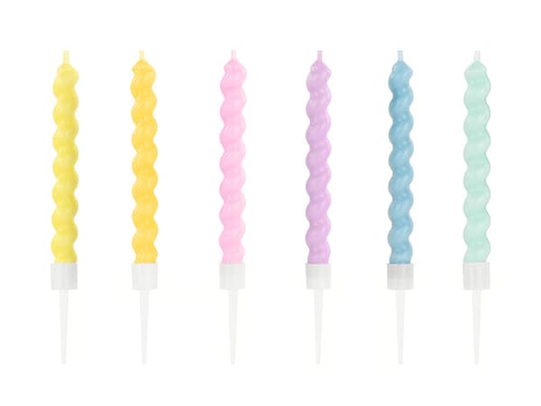 Kierretyt syntymäpäiväkynttilät, 8,5 cm, sekoitus (1 pkt / 24 pakkausta) (1 pkt / 6 kpl)