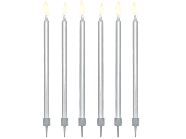 Syntymäpäiväkynttilät sileät, hopeanväriset, 12,5 cm (1 pakkaus / 12 kpl)