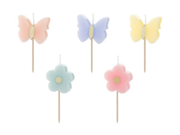 Sommerfuglefødselsdagslys, 3,5 cm, mix (1 æske / 24 pakker) (1 pakke / 5 stk.)