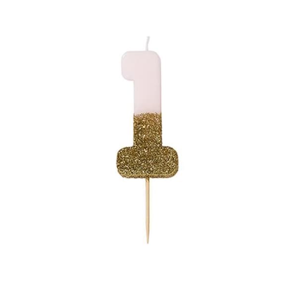 Födelsedagsljus nummer 1 rosa och guld glitter 13,8 cm