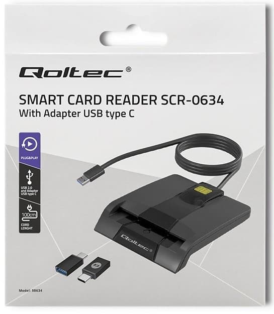 Qoltec 50634 Intelligent Smart ID chip card reader SCR-0634 | USB Type C