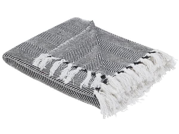 Torkkupeitto musta puuvilla 130 x 160 cm konepestävä hapsuilla käsintehty kalanruoto kuvio moderni