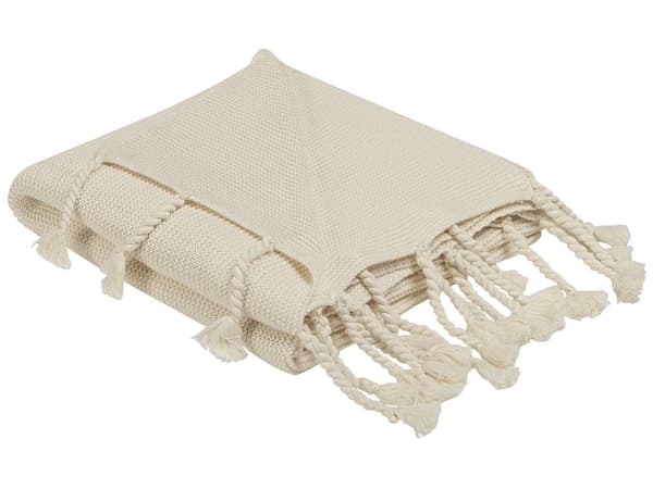 Torkkupeitto beige puuvilla 125 x 150 cm hapsuilla suorakulmainen perinteinen boho tyyli