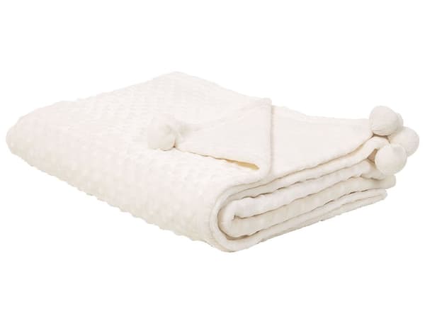 Filt Beige Polyester 200 x 220 med Pom Poms Popcorntextur Mjuk Sängöverkast