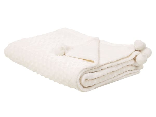 Filt Beige Polyester 150 x 200 med Pom Poms Popcorntextur Mjuk Sängöverkast