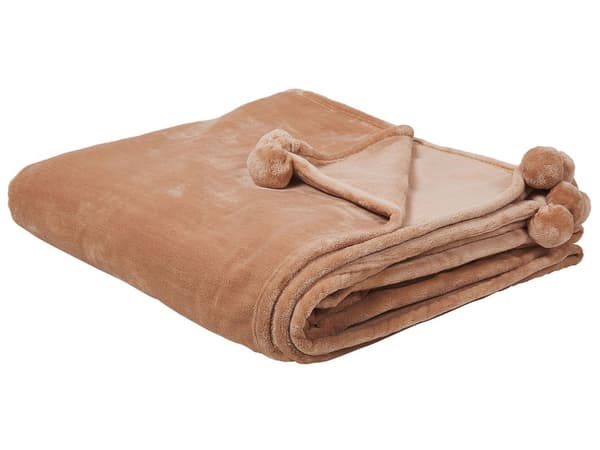 Filt Ljusbrun Polyester 200 x 220 cm med Pom Poms Mjukt överkast