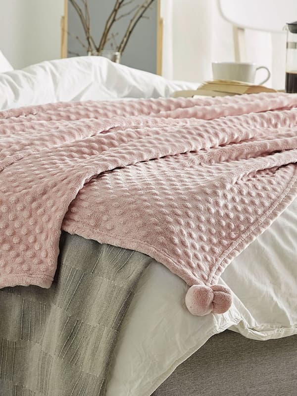 Tæppe Plaid lyserødt 150 x 200 cm med Pom Poms Popcorn Tekstur og Blødt betræk nem i pleje