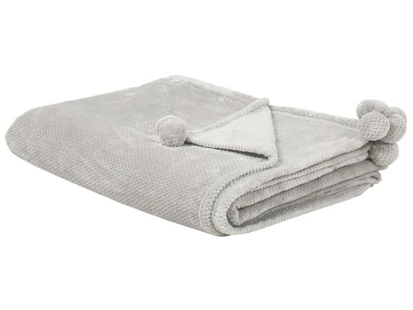 Filt Ljusgrå Polyester 200 x 220 med Pom Poms Mjukt överdrag