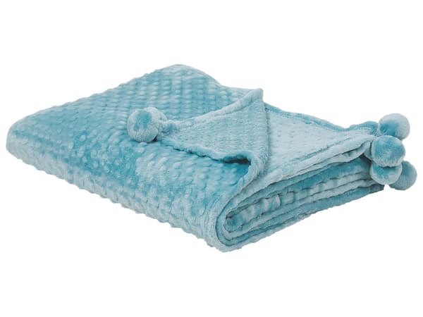 Filt Ljusblå Polyester 200 x 220 med Pom Poms Popcorntextur Mjuk Sängöverkast