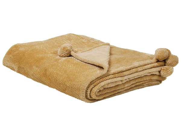 Filt Gul Polyester 200 x 220 med Pom Poms Mjukt överdrag