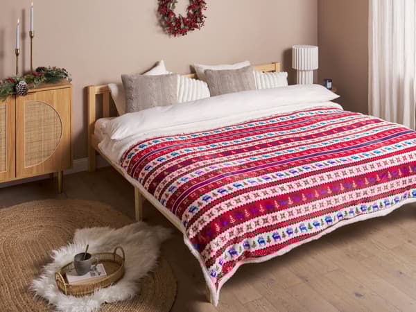 Filt Throw Röd Blå Flanell 200 x 220 cm Vinter Fluffig Klassisk Julmönster