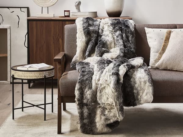 Filt Grå och vit Akryl 150 x 200 cm Fluffig Prydnad Konstpäls Randigt mönster Retrodesign