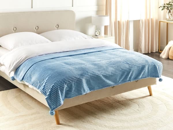 Filt Blå Polyester 150 x 200 cm Ribbad struktur med Pom-Poms Sängkläder
