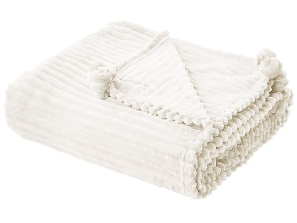 Filt Vit Polyester 150 x 200 cm Ribbad struktur med Pom-Poms Sängkläder