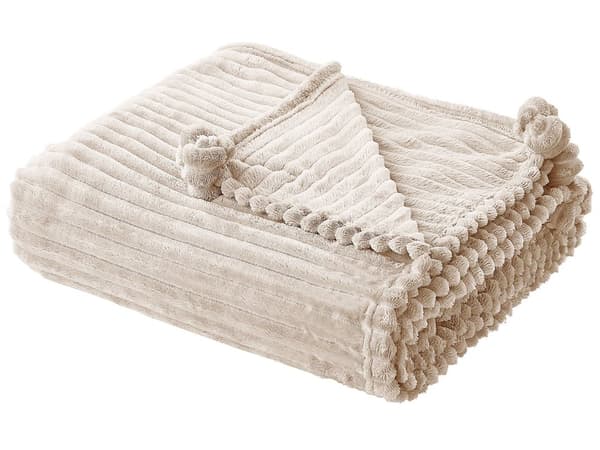 Filt Beige Polyester 150 x 200 cm Ribbad struktur med Pom-Poms Sängkläder