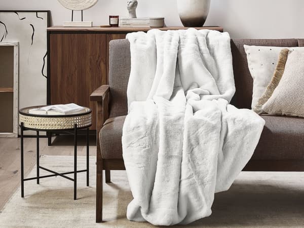 Plaid Hvid Polyester Stof 200 x 220 cm Blød Fluffet Fleece Hygge Tæppe til Sofaen Stue Sengetæppe Soveværelse Dekoration med Nem Pleje og Vask