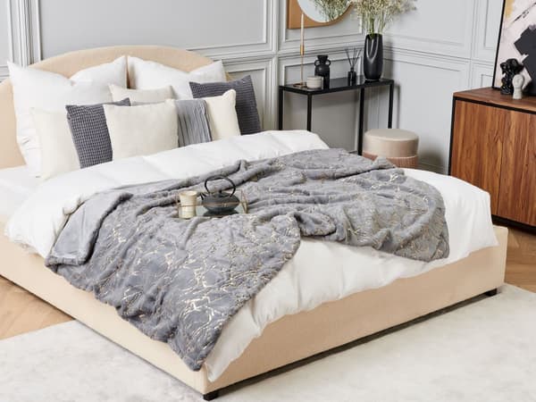 Filt Grå Polyester 130 x 180 cm Överkast Gyllene Marmormönster Vardagsrum Sovrum
