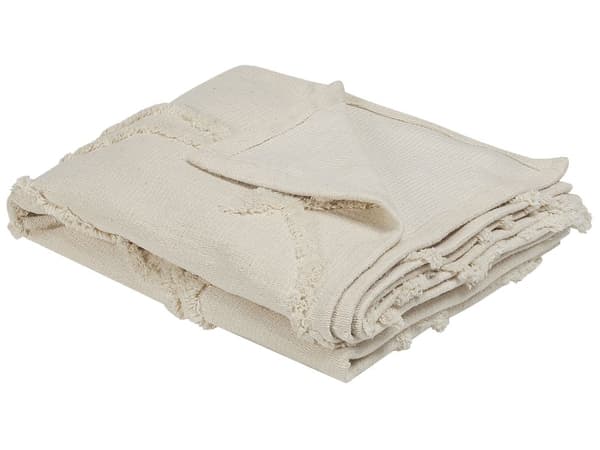 Filt Beige Bomull 130 x 160 cm Präglat Blommönster Stickad Prydnadsfilt Boho-stil Vardagsrum Sovrum Accentdel