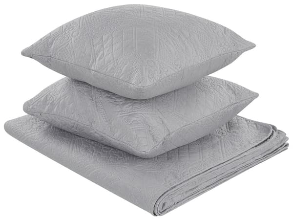 Sengetæppe Grå Polyester sæt 160 x 220 cm Quiltet Mønster Blomster Dekorativ Soveværelse Indretning Bløde Små Pyntepuder Aftagelige Betræk