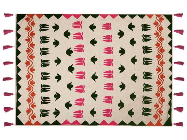 Tæppe flerfarvet bomuld 130 x 180 cm Håndlavet broderi Sengetæppe hyggelig blomster mønster med kvaster orientalsk dekor