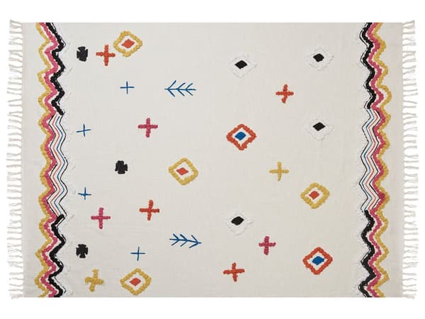 Tæppe plaid flerfarvet bomuld 130 x 180 cm Håndlavet broderi Sengetæppe hyggelig abstrakt Mønster med kvaster orientalsk dekor