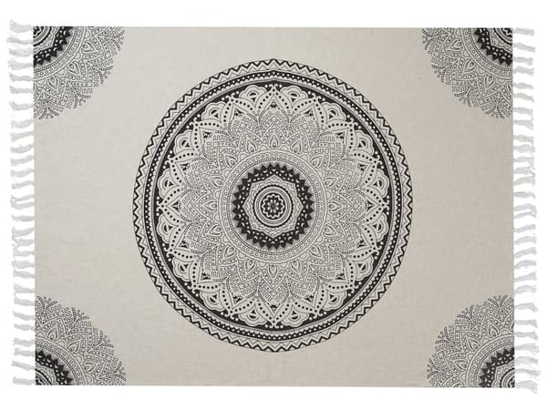 Tæppe i Beige og sort bomuld 130 x 180 cm Print Mandala-mønster Sengetæppe Tørklæde Hyggeligt Blomstermønster orientalsk dekor