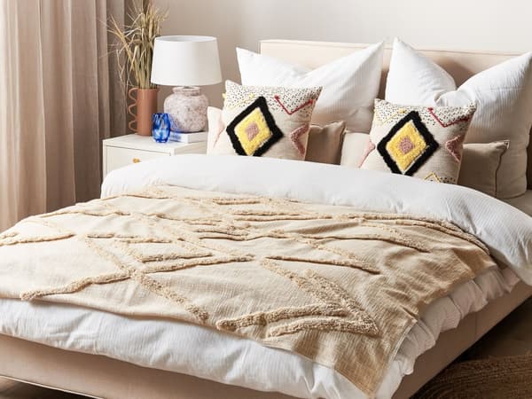 Filt Beige Bomull 130 x 180 cm Geometriskt Mönster Överkast Mysig Accessoar