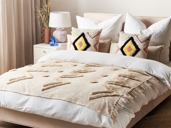 Filt Beige Bomull 130 x 180 cm Geometriskt Mönster Överkast Mysig Accessoar