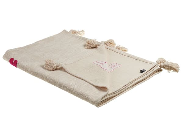 Filt Beige och Rosa Bomull 130 x 180 cm Handgjort broderi Säng Mysig Lama-mönster med tofsar
