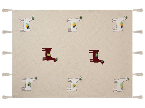 Huopa beige/ruskea 130 x 180 cm puuvilla tupsut laamakuvio viltti boho retro