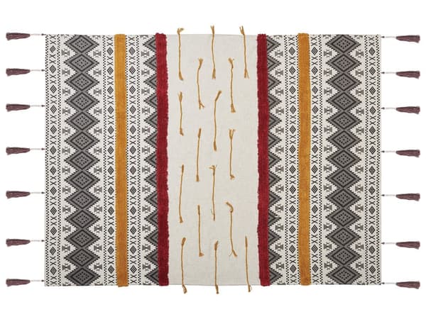 Huopa monivärinen 130 x 180 cm puuvilla tupsut viltti konepestävä boho retro