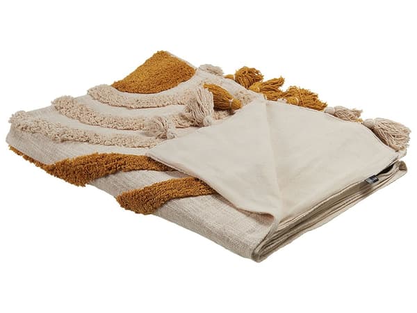 Huopa beige/oranssi 130 x 180 cm puuvilla tupsut viltti käsin valmistettu boho retro