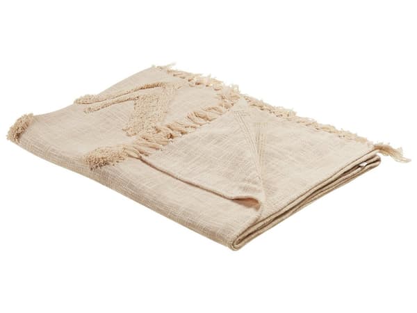 Huopa beige 130 x 180 cm puuvilla tupsut viltti käsin valmistettu boho retro