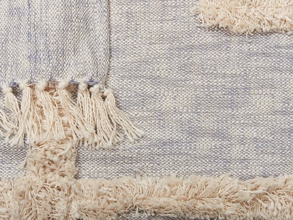 Huopa harmaa/beige 130 x 180 cm puuvilla tupsut viltti käsin valmistettu boho retro